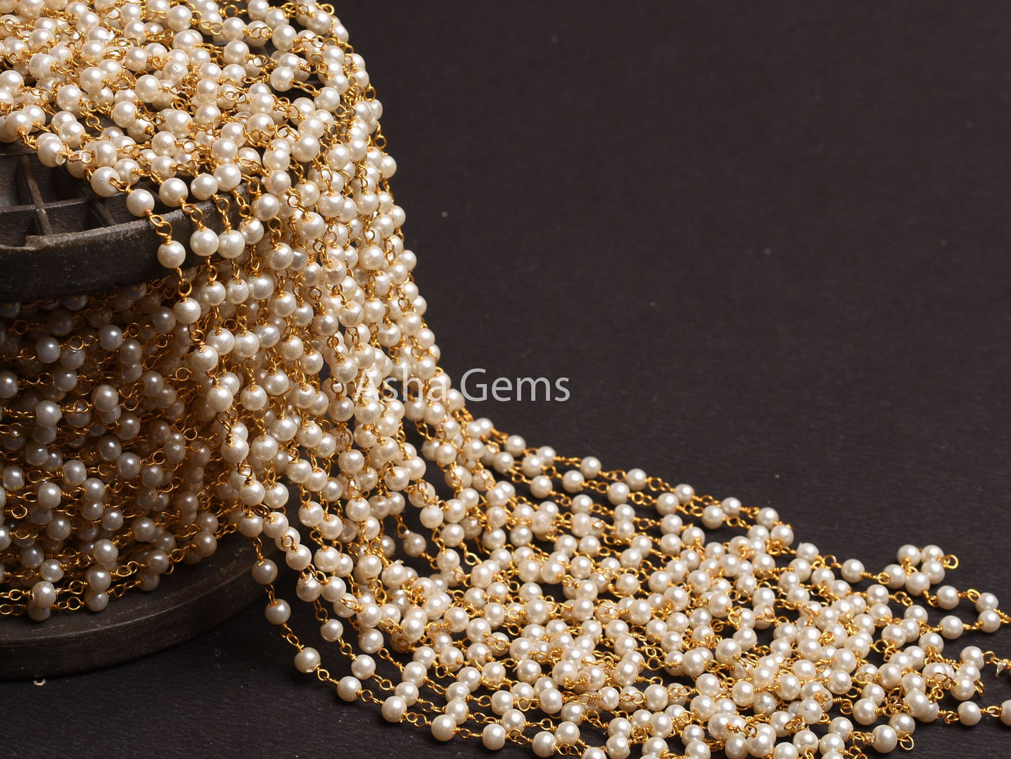 Beautiful White Pearl Hydro Smooth Beads Rosary Chain,4mm Gold Plated Wire Wrap Pearl Handmade Beaded Chain For Jewelry Making Necklace SALE