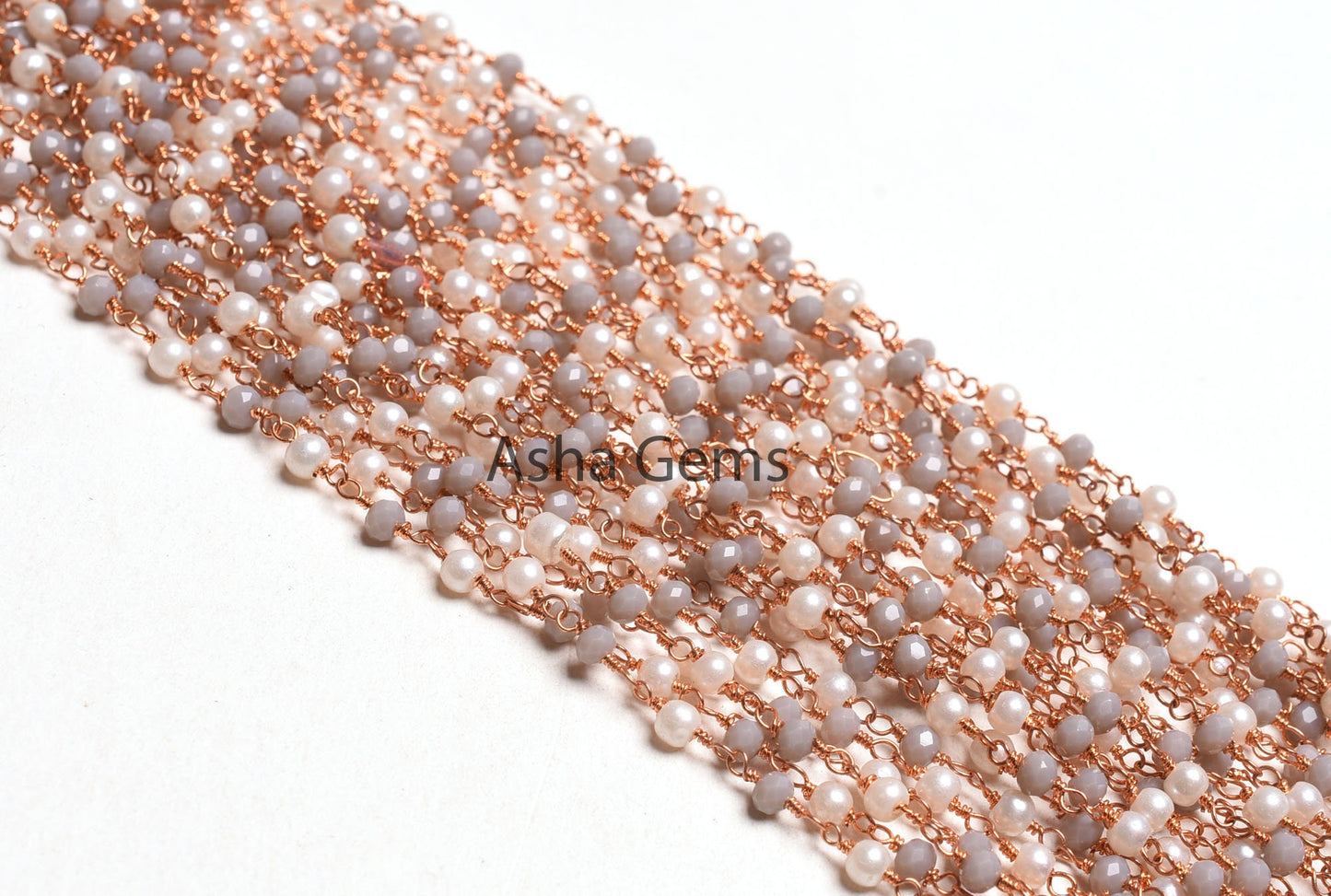 Rose Gold Plated White Pearl Grey Moonstone Hydro Beads Rosary Chain, Faceted Rondelle Beads Wire wrapped Bulk Rosary Chain, Jewelry Making