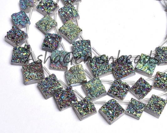 Beautiful Rare Green Mystic Druzy Square Shape Gemstone Beads,8" Drusy Beads, Coated Drusy Fancy shape Side Drill Beads Jewelry Making Craft