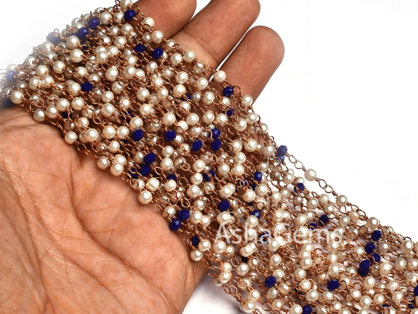 Beautiful Pearl Blue Lapis Hydro Rondelle Beads Rosary Chain Rose Gold Plated Copper Wire Wrap Beaded Rosary Chain For Jewelry making Crafts