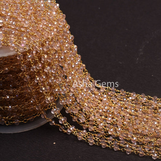 Rose Quartz Hydro Silver Coated Rosary Chain Faceted Rondelle Beaded Chain Jewelry Crafts Beads Chain Pink Crystal Chains For Necklace SALE