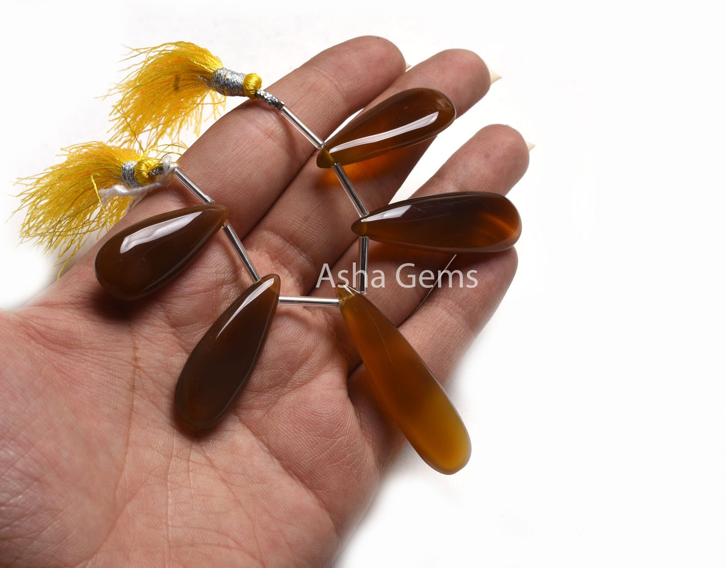 Chalcedony Smoot Fancy Long Pears Shape Gemstone Beads, Shaded Dark Brown Chalcedony Handmade Teardrop Side Drill Beads Jewelry Making SALE