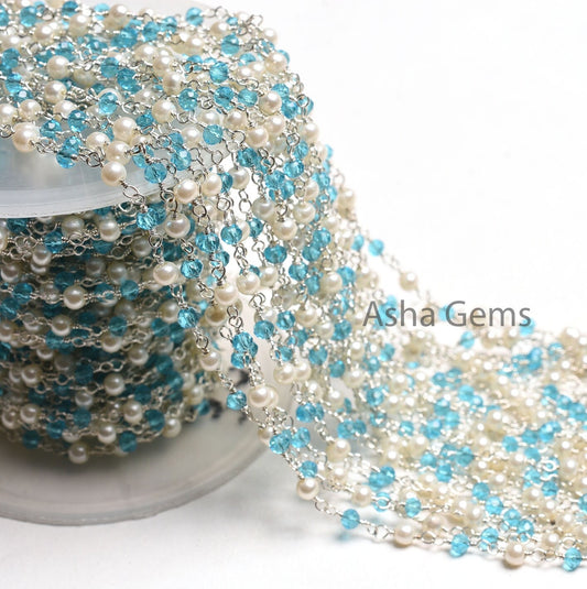 SALE Beautiful White Pearl, Blue Topaz Hydro Beads Rosary Chain, Faceted Rondelle Beaded Gold Plated Chain Wire Wrapped Jewelry Making Chain