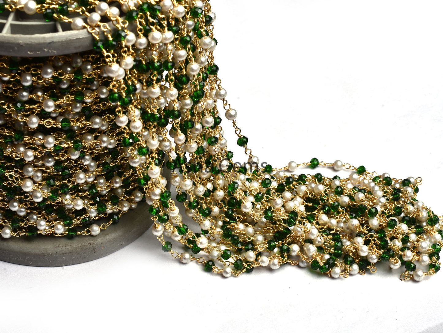 Beautiful White Pearl Chrome Diopside Hydro Faceted Rondelle Beads Rosary Chain Gold Plated Wire Wrapped Chain Jewelry making Finding, Chain