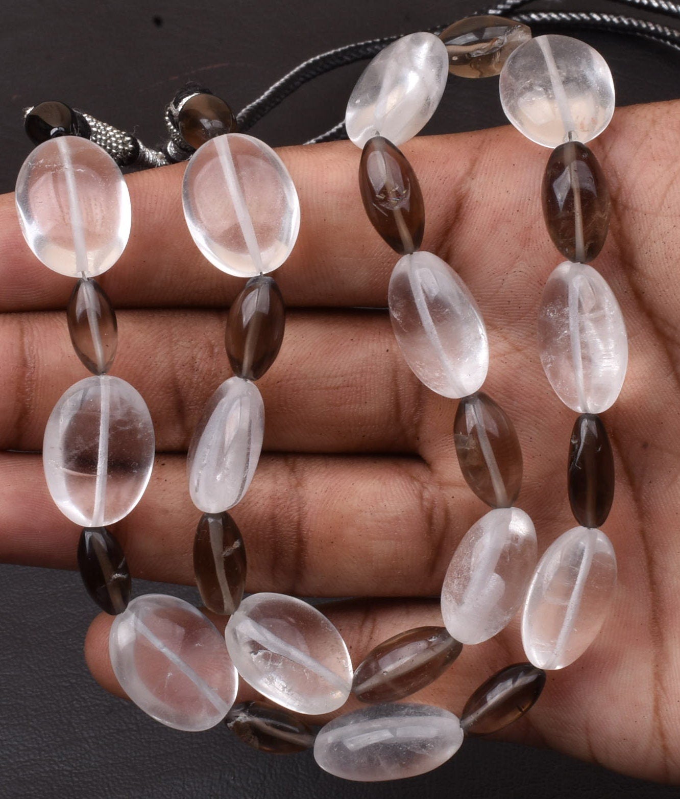 Fine Natural White Crystal Oval + Smoky Loi Shape Smooth Beads Necklace,17 Inch Multi Quartz Plain Handmade Gemstone Fancy Bead Jewelry SALE