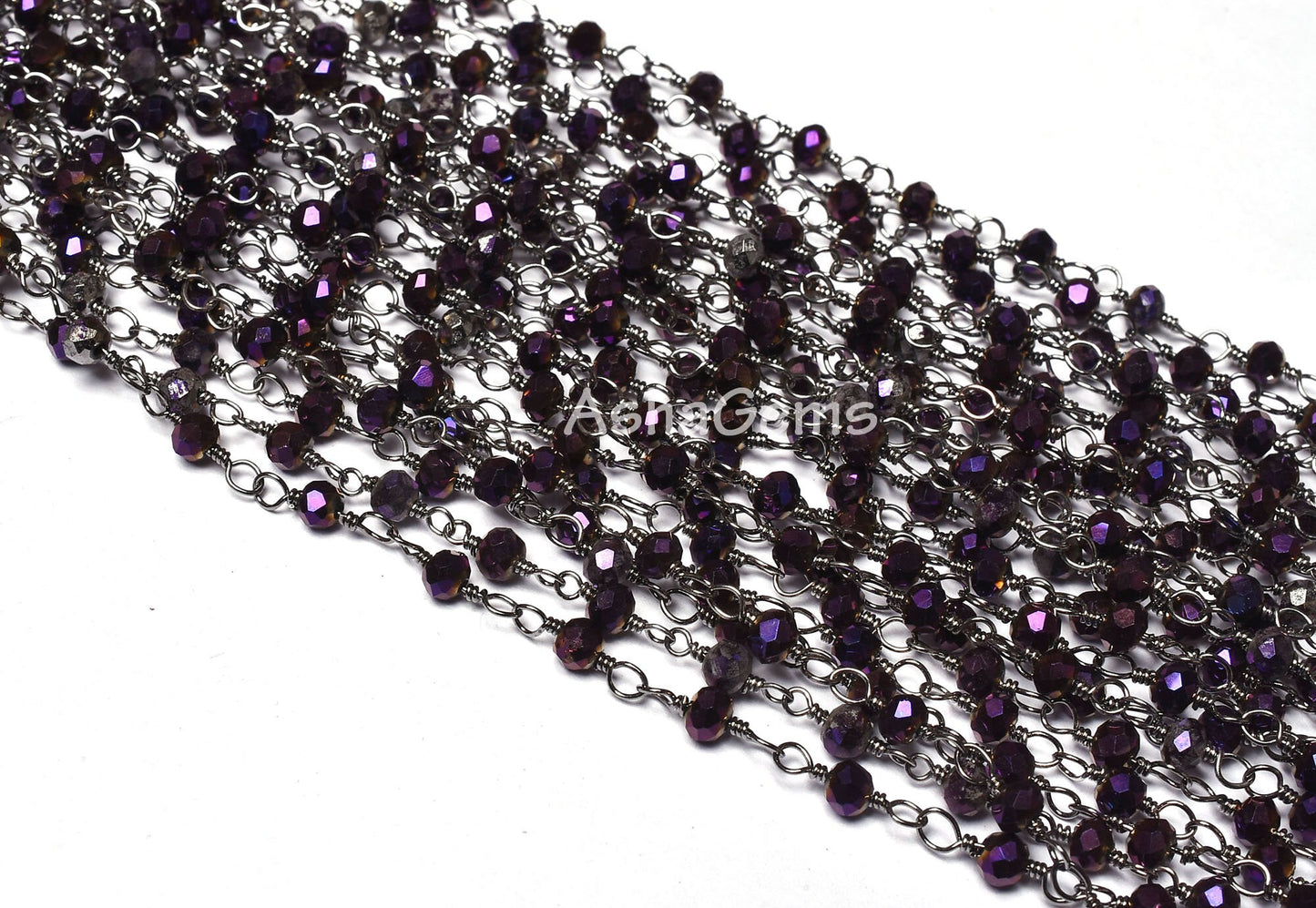 3,5,10,25 Ft Purple Mystic Pyrite Hydro Faceted Rondelle Beaded Rosary Chain Black Plated Wire Wrapped Chain, Jewelry Making Finding 3.5 mm