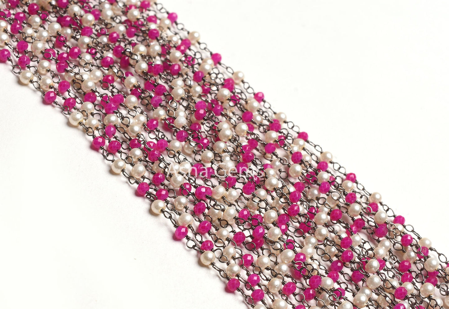 Beautiful Pearl Pink Chalcedony Hydro Beads Rosary Chain, Black Plated Wire Wrap Faceted Rondelle Beaded Chain handmade Jewelry making Craft