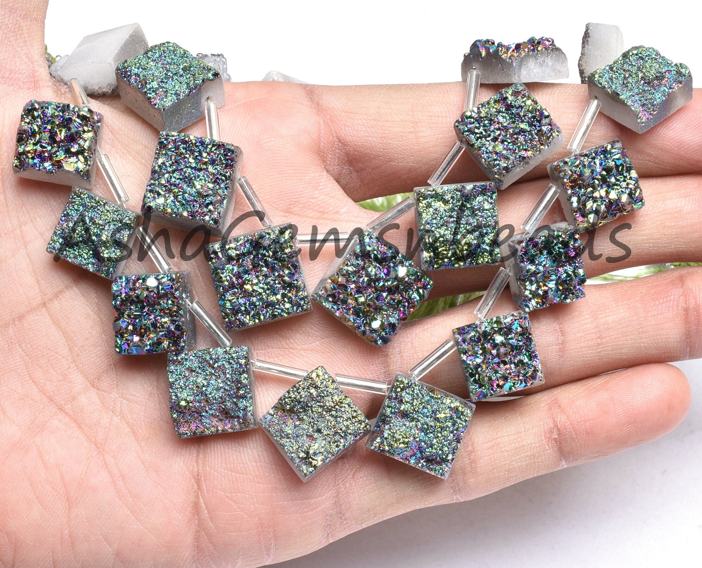 Beautiful Rare Green Mystic Druzy Square Shape Gemstone Beads,8" Drusy Beads, Coated Drusy Fancy shape Side Drill Beads Jewelry Making Craft