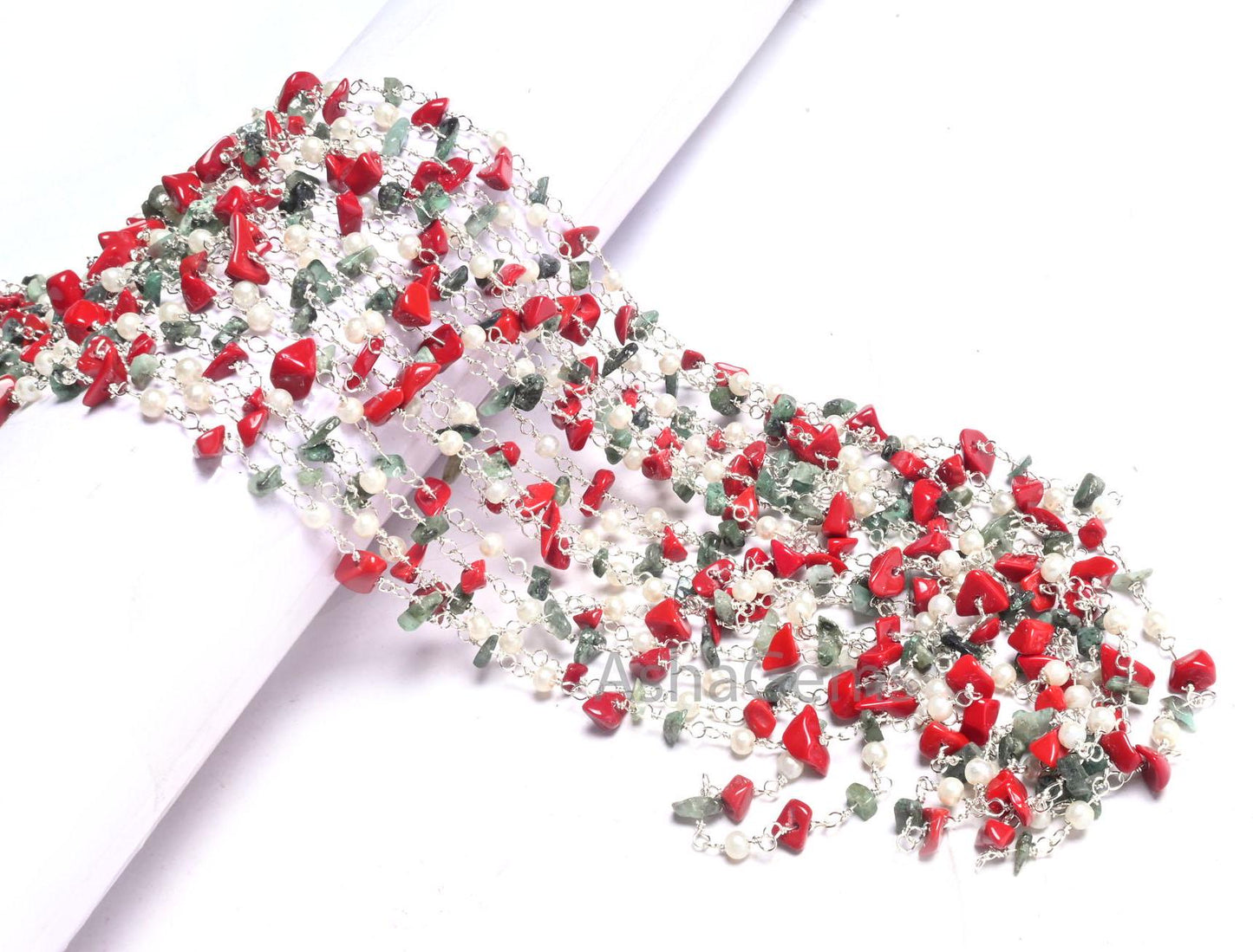 Beautiful Pearl Hydro, Red Stone, Emerald Uncut Chip Beads Rosary Chain, Gold, Silver Plated Multi Color Beaded Chains Jewelry Making Crafts