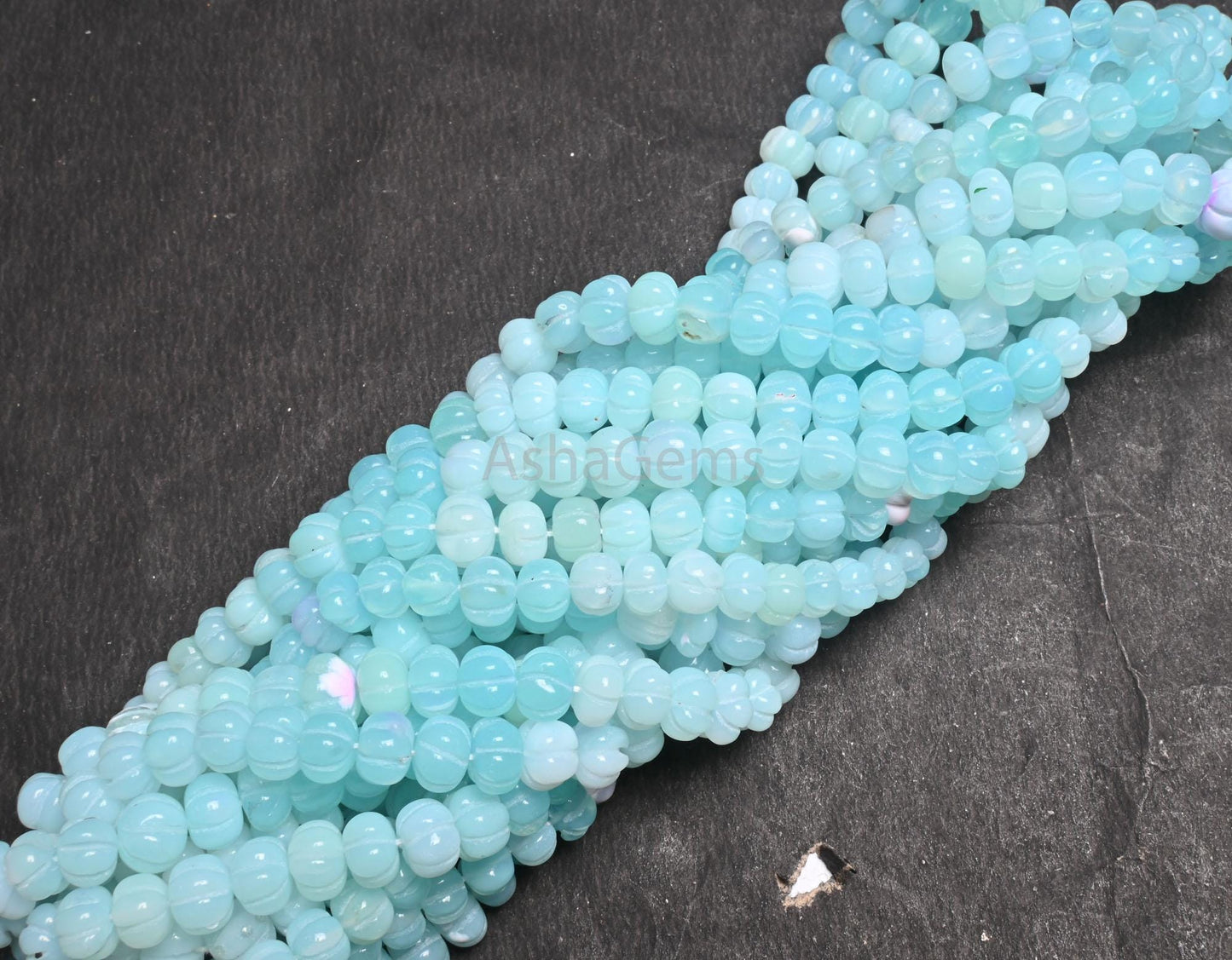 Fine Blue Peru opal carving Watermelon beads, Opal Hand Carved Gemstone Melon Beads Shaded Peruvian Opal Carve Pumpkin Bead Jewelry Necklace