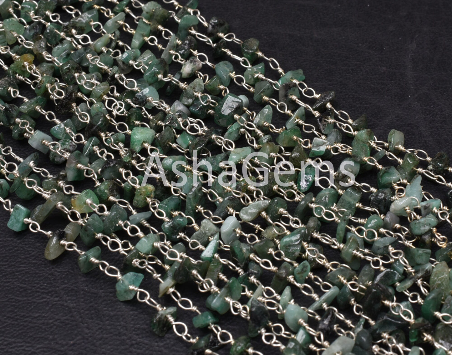 Natural Green Emerald uncut chip Beads Rosary Chain Silver Plated Wire Wrap Emerald Chip Beaded handmade Chains For Jewelry Necklace Crafts
