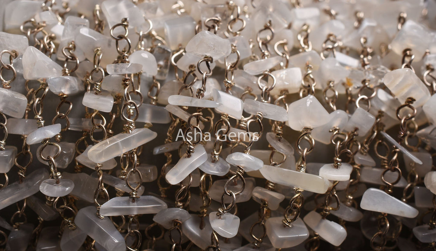 Natural White Moonstone Uncut Chip Beads Rosary Chain, Gemstone Beaded Chain Silver Plated Wire Roll handmade Chain Jewelry Necklace Crafts