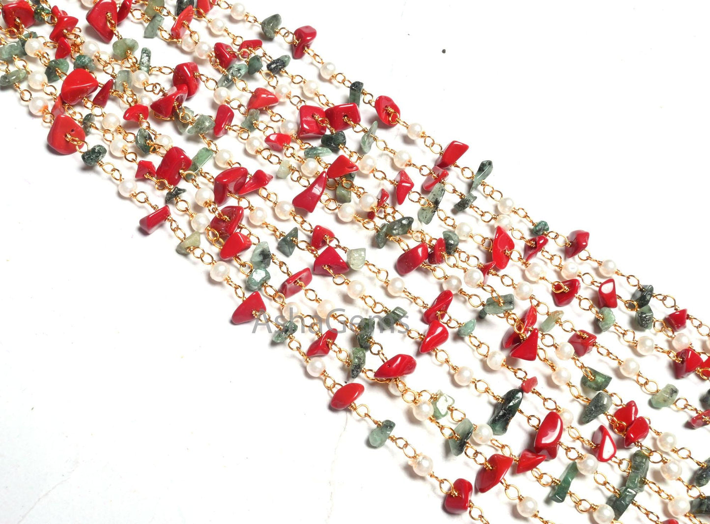 Beautiful Pearl Hydro, Red Stone, Emerald Uncut Chip Beads Rosary Chain, Gold, Silver Plated Multi Color Beaded Chains Jewelry Making Crafts