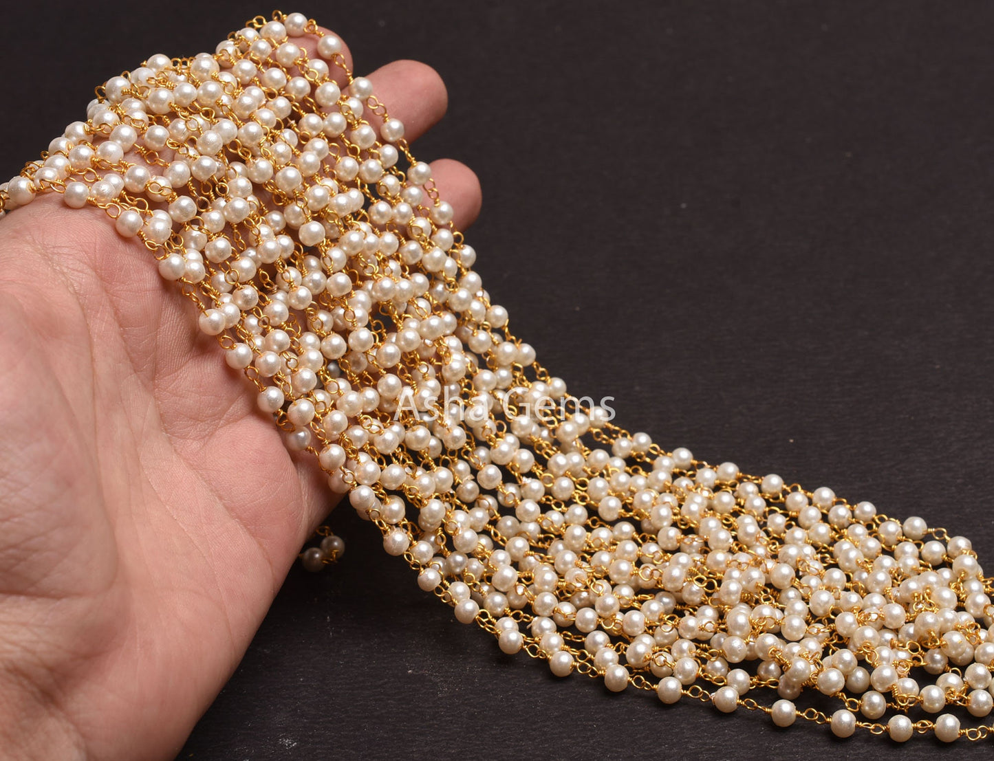 Beautiful White Pearl Hydro Smooth Beads Rosary Chain,4mm Gold Plated Wire Wrap Pearl Handmade Beaded Chain For Jewelry Making Necklace SALE