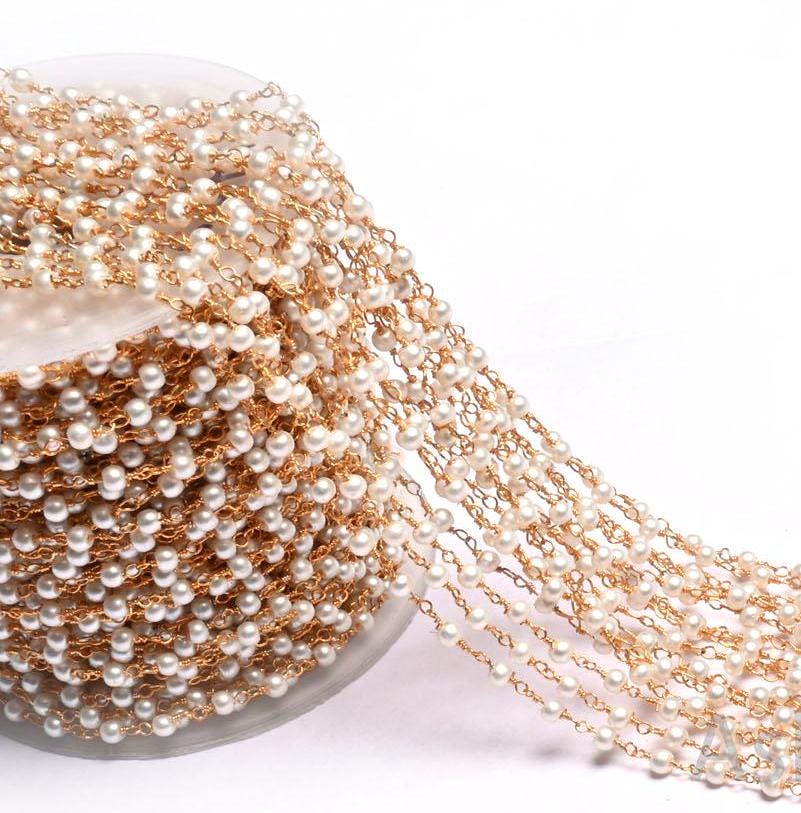 Beautiful  White Pearl Hydro smooth Rondelle Beads Rosary Chain,3 mm Gold, Black Plated Wire Wrap Beaded handmade Chain Jewelry Making Craft