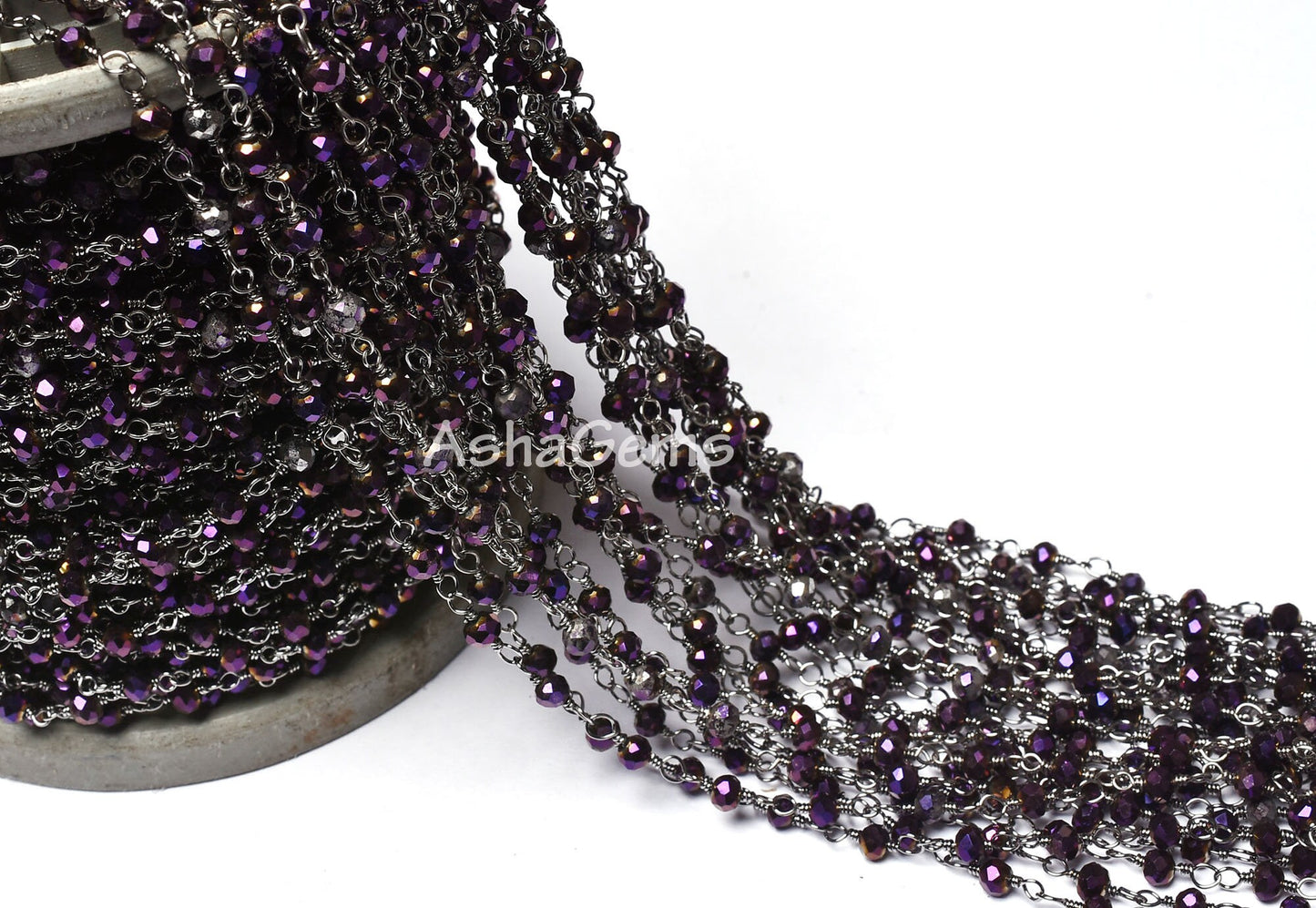 3,5,10,25 Ft Purple Mystic Pyrite Hydro Faceted Rondelle Beaded Rosary Chain Black Plated Wire Wrapped Chain, Jewelry Making Finding 3.5 mm