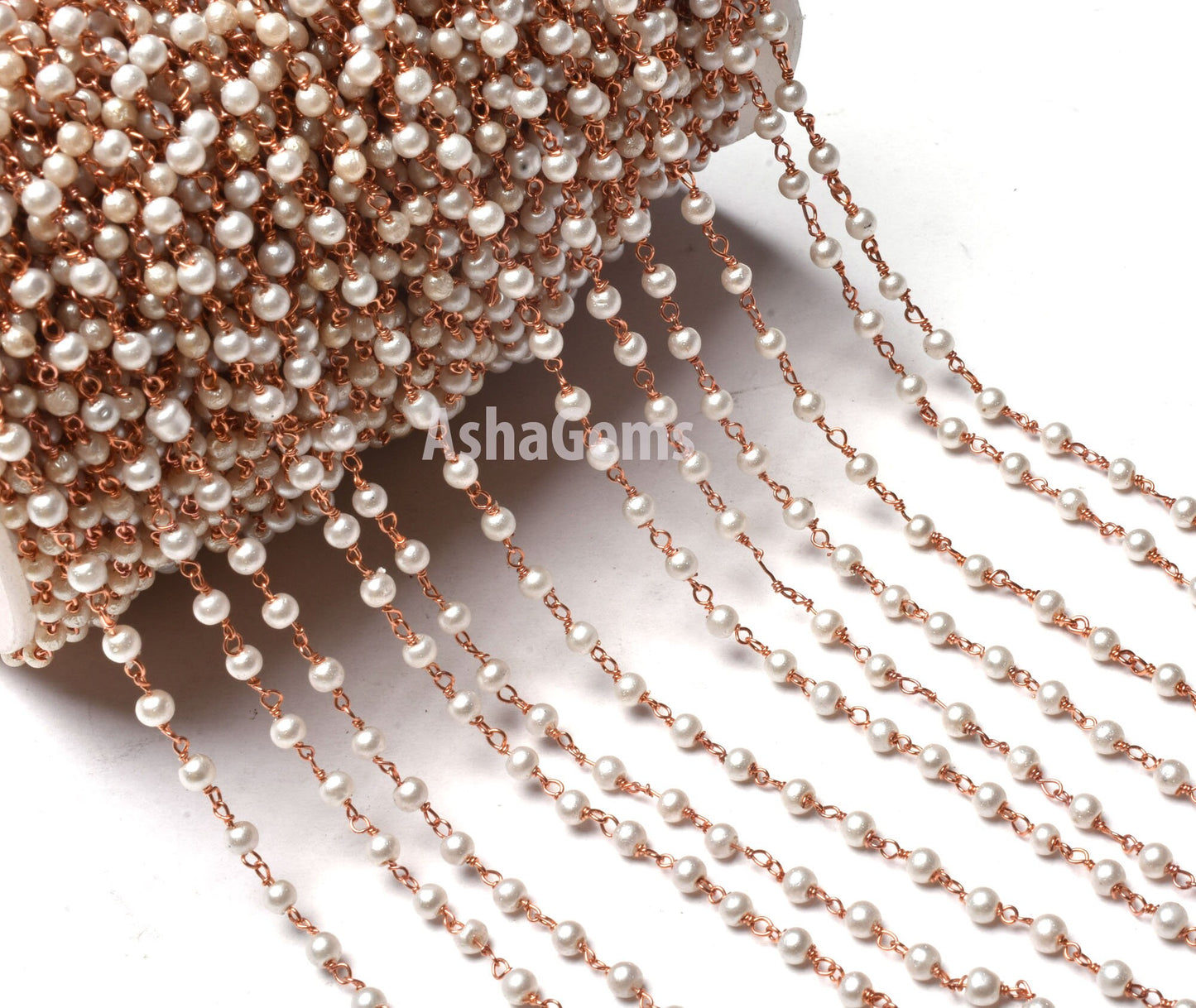5,10,25,50 Ft Pearl Hydro Rondelle Beads Rosary Chain Rose Gold,Gold Plated Jewelry Making Finding,Wire Wrap Chain 3-3.5mm,White Pearl Chain