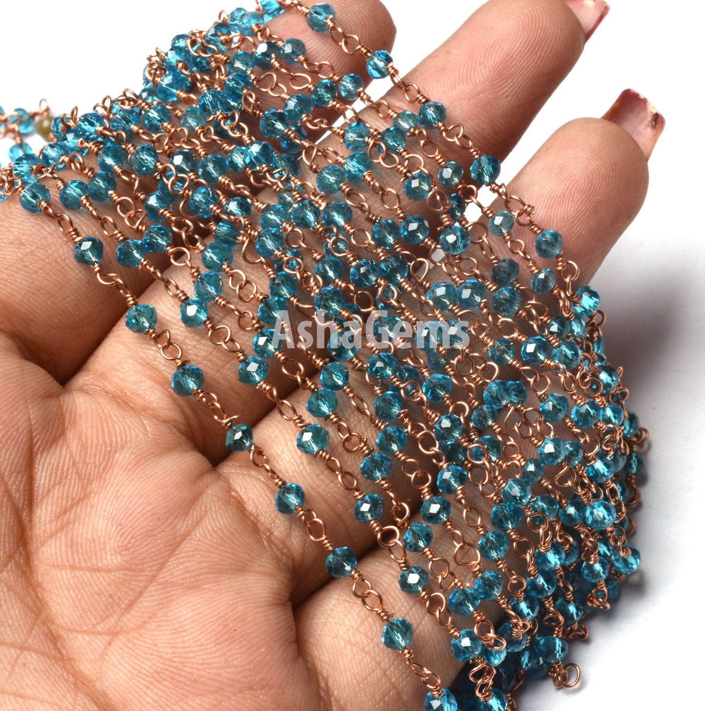 3,10,50 Feet Blue Topaz Hydro Faceted Rondelle Beads Rosary Chain Rose Gold Plated Copper Wire Wrapped Jewelry Making Chain Rosary Necklace