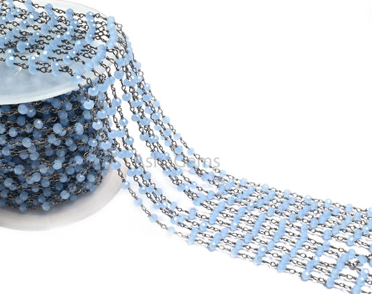 Fine Aqua Blue Chalcedony Hydro Rondelle Faceted Beads Rosary Chain,3mm Black Metal Plated Wire Wrap Beaded Gunmetal Chains Jewelry Necklace