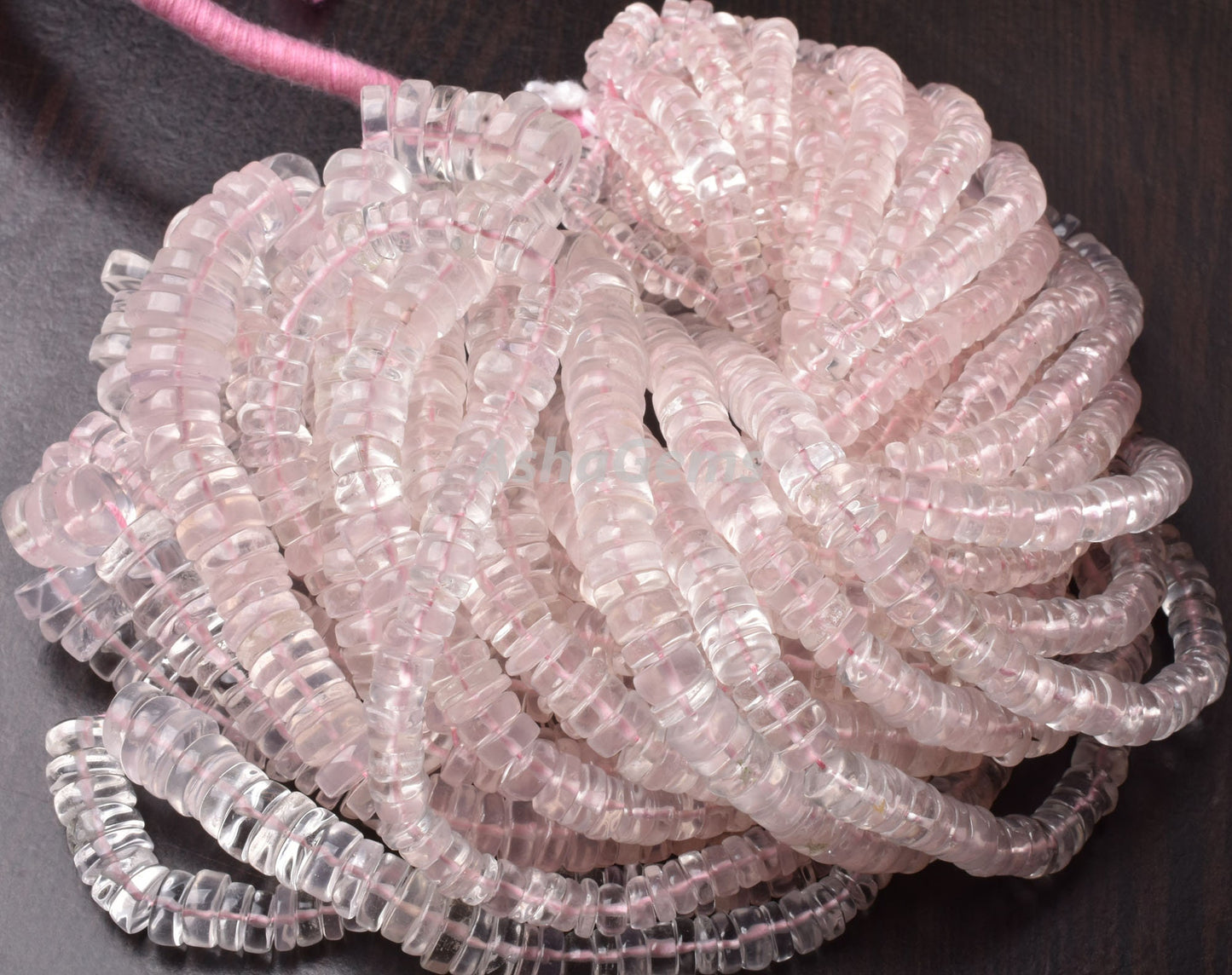 Natural Rose Quartz Smooth Heishi Tyre Gemstone Beads, Fine Quality Pink Rose Quartz, Heishi Tyre, 16" Strand Rose Pink Wheel Gemstone Beads