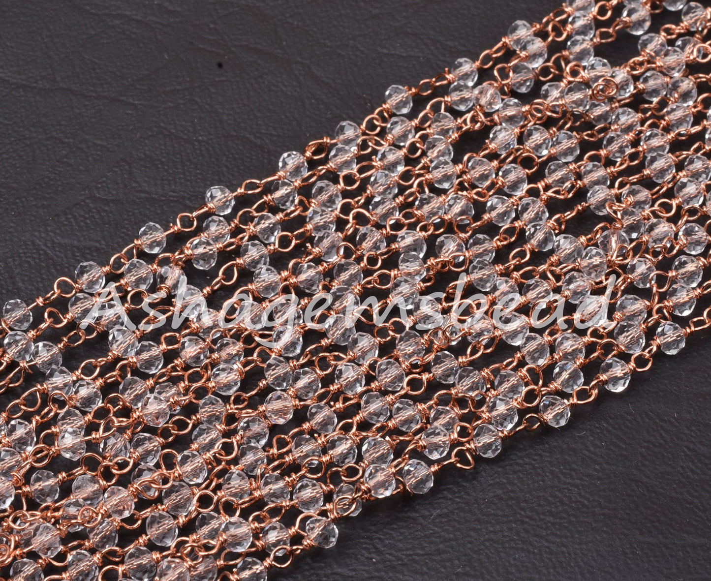 Beautiful White Crystal Quartz Hydro Faceted Rondelle Beads Rosary Chain,3mm Rose Gold Plated Copper Wire Chains Jewelry Making Rosary Chain