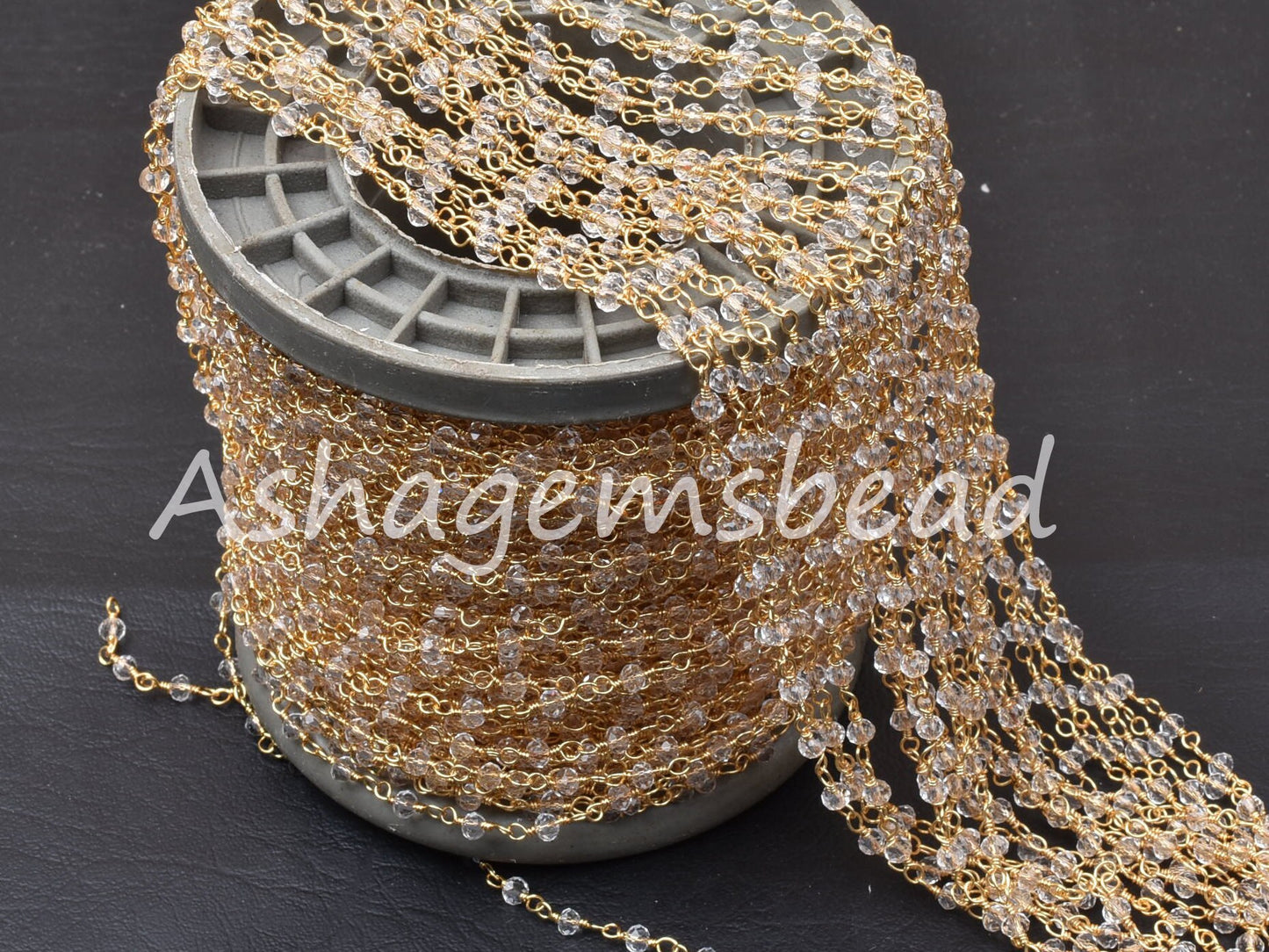 1,3,5,10,50 Ft,Clear Crystal Quartz Hydro Faceted Rondelle Beads Rosary Chain,3mm,Gold Plated Wire,Beaded Chain,Finding,Jewelry Making,Craft