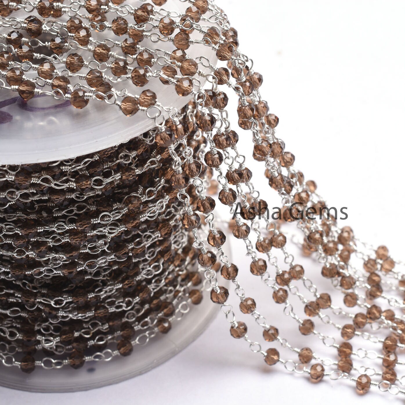 Smoky Quartz Hydro Beads Rosary Chain,3,5,10 Foot, Rosary Beaded Chain, Silver Plated Metal,Bulk Roll,Jewelry Making,Finding Chain