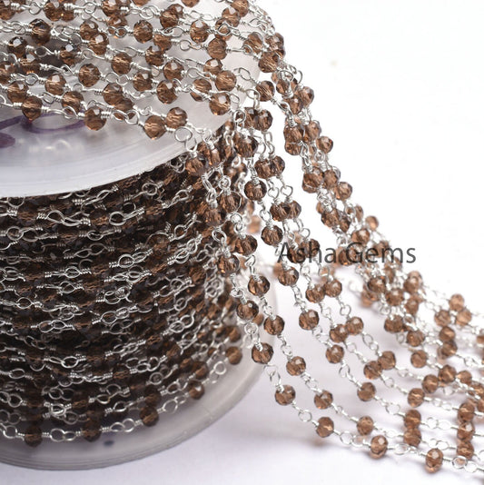 Smoky Quartz Hydro Beads Rosary Chain,3,5,10 Foot,  Rosary Beaded Chain, Silver Plated Metal,Bulk Roll,Jewelry Making,Finding Chain