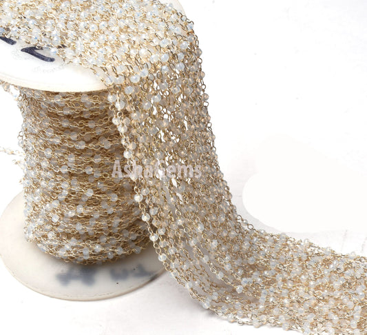 Roll Bulk Rainbow Moonstone Hydro Rondelle Faceted Rosary Chain, Beautiful Silver Plated Wire, Jewelry Making Finding, Roll Bulk Chain