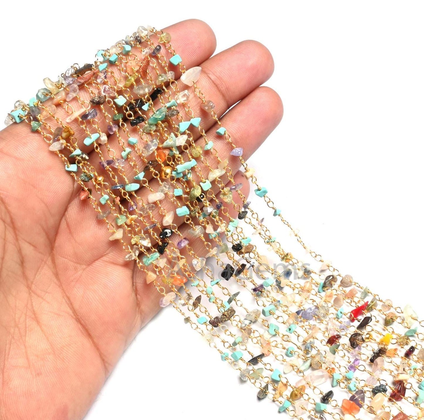 1,3,5,10 Feet Chain Natural Gemstone Multi Color Beads Rosary Chain Gold Plating Wire Disco Uncut Chip Beaded Rosary Chains Finding Jewelry
