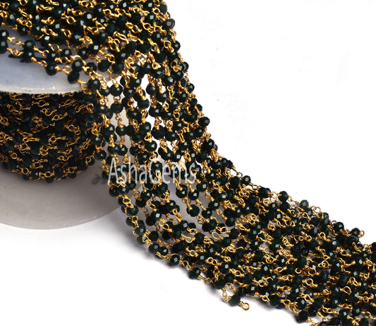 5,10,25,50 Feet,Black Spinel Hydro Faceted Rondelle Beaded Gold Plated Rosary Chain Jewelry Making Finding Wire Wrapped Chain,4mm,Chain Sale