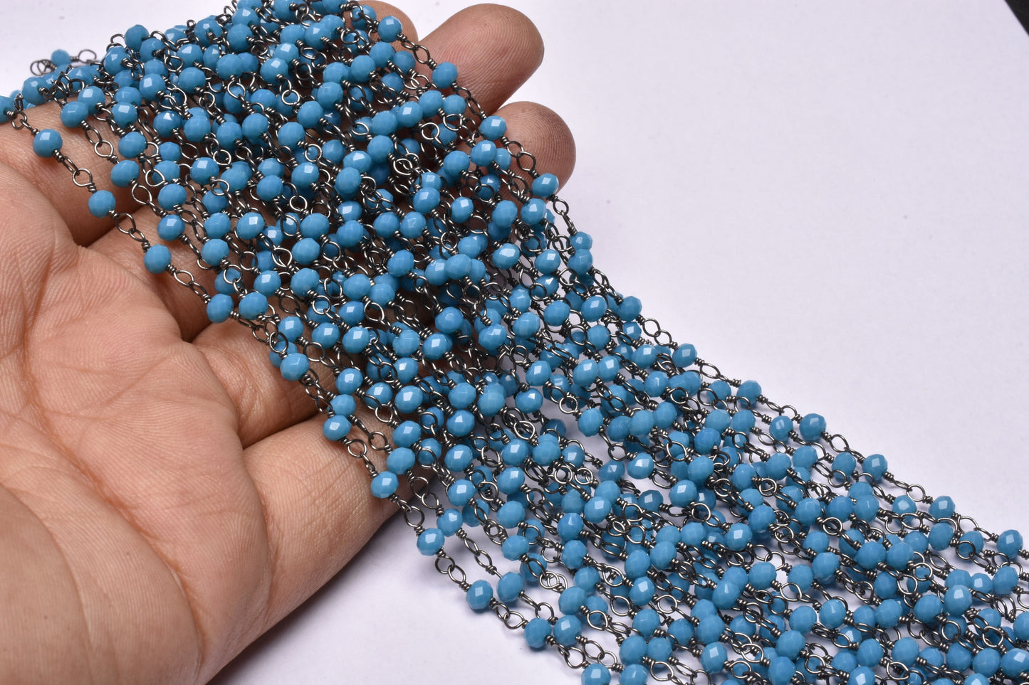 Rosary Chain Blue Turquoise Hydro Beads handmade Chain,3mm Gunmetal Wire Wrap Beaded Faceted Rondelle Chain Rosary Jewelry Making Craft SALE