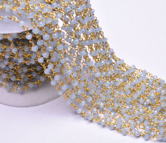 3,5,10 Feet,Aquamarine Hydro Faceted Rondelle Beaded Rosary Chain Gold Plated,Jewelry Making, Finding, Wire Wrapped Chain,3-3.5 mm