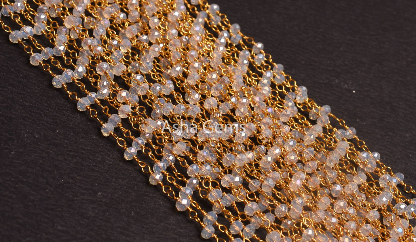 Rainbow Moonstone Hydro Silver Coated Faceted Rondelle Shape Beaded Rosary Chain By Feet Gold Plated Wire Wrapped Chain For Necklace Jewelry