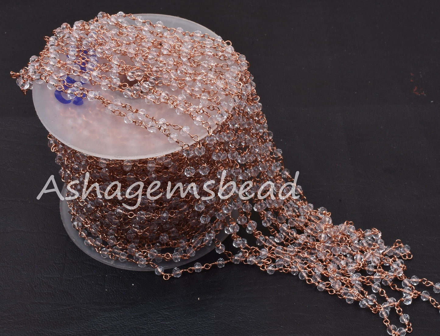 Beautiful White Crystal Quartz Hydro Faceted Rondelle Beads Rosary Chain,3mm Rose Gold Plated Copper Wire Chains Jewelry Making Rosary Chain