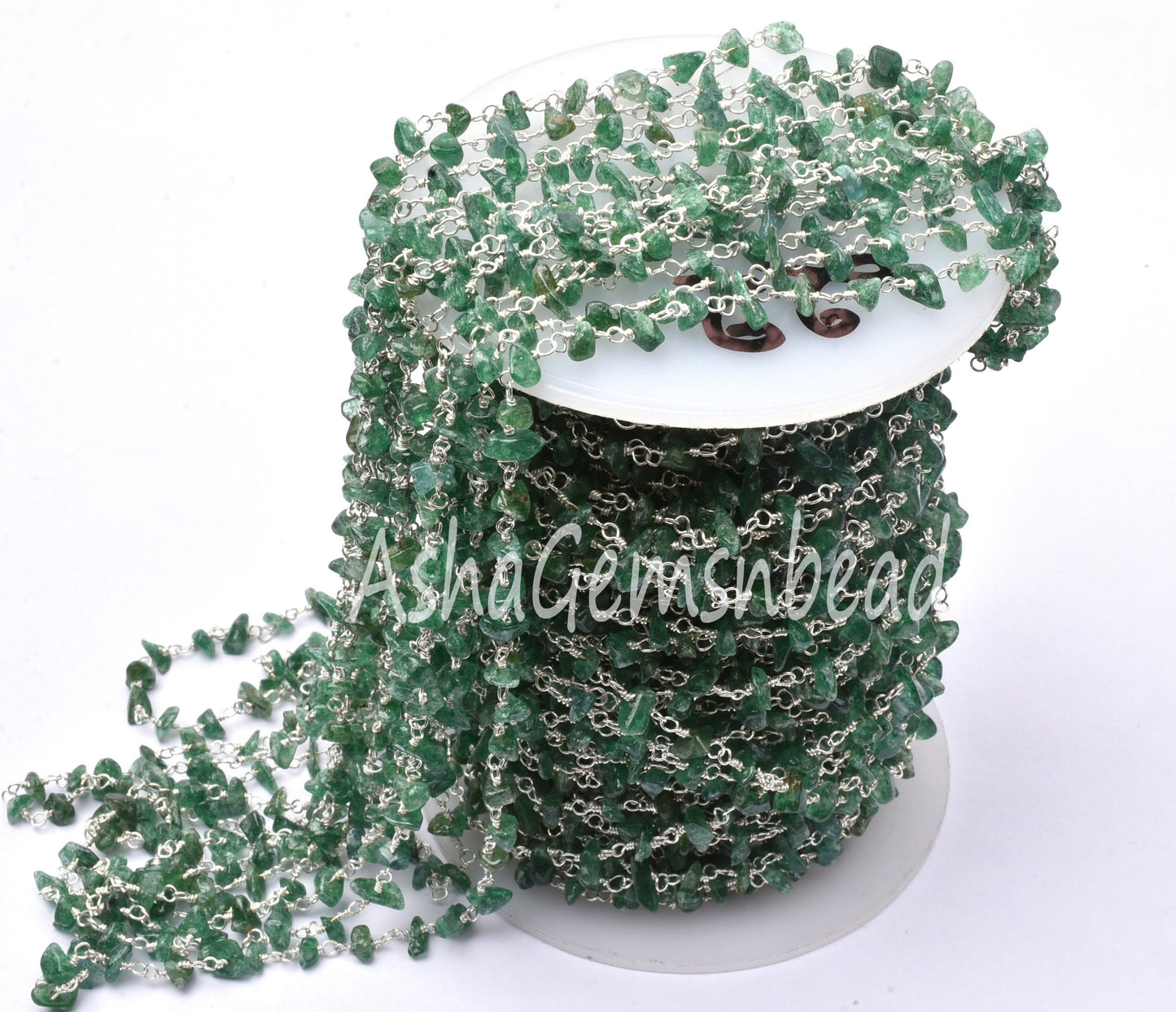 Natural Green Mica Uncut Beads Chain Rosary Silver Plated Wire Tiny Nugget Beaded Gemstone Chain For Jewelry Making Necklace handicraft SALE