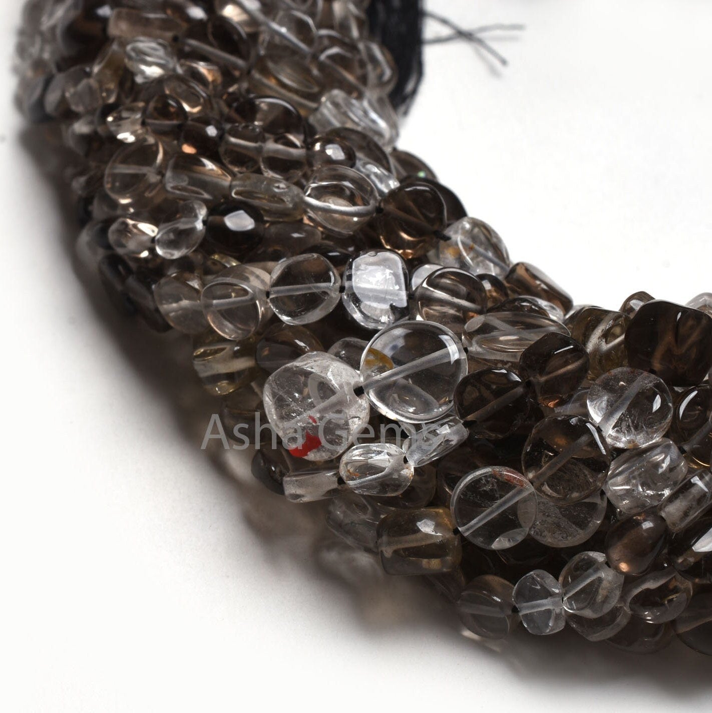 Natural Smoky Quartz Smooth Coin Beads,12" Strand Shaded White Black Plain Handmade Uneven Coin Shape Straight Drill Smoky Bead Jewelry SALE
