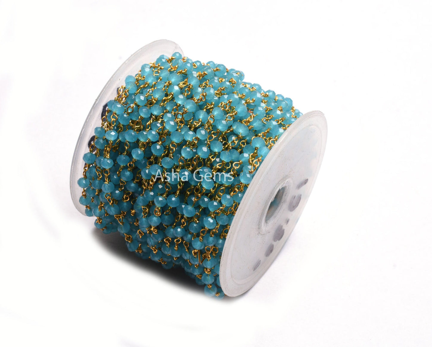 4 mm Blue Milky Chalcedony Hydro Beads Rosary Chain 1,3,5,10,25 Feet Gold Plated Wire Wrap Faceted Rondelle Beaded Rosary Chain Jewelry SALE