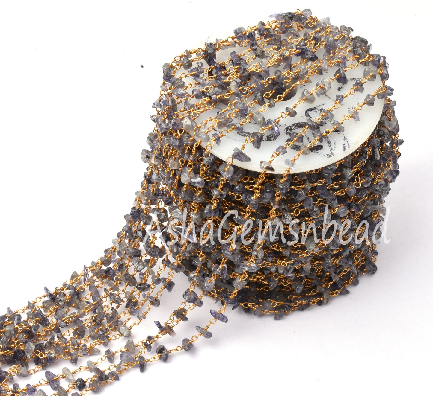 Natural Iolite Uncut Chip Beads Rosary Chain By Feet, Tiny Raw Rough Beaded Chain Gold Plated Wire Wrap Gemstone Chains Jewelry Making Craft