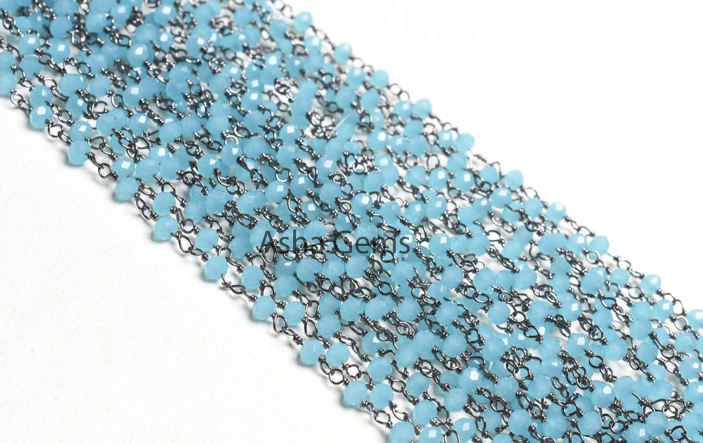 Beautiful Milky Aqua Blue Chalcedony Hydro Rondelle Beads Rosary Chain Black Plated Gunmetal Wire Wrap Micro Cut Beaded Chain Jewelry Crafts