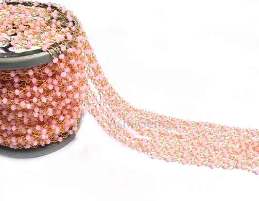 1,5,10,50 Feet Bulk Chain Pink Rose Quartz Hydro Faceted Rondelle Beads Rosary Chain Gold Plated Wire Chain Jewelry Making Chain DIY Finding