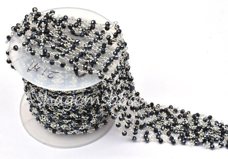 AAA Black Spinel Hydro Silver Coated Beads Rosary Chain By Feet,3mm Silver Plated Wire Wrap Bulk Roll Micro Cut Beads Chain Jewelry Necklace