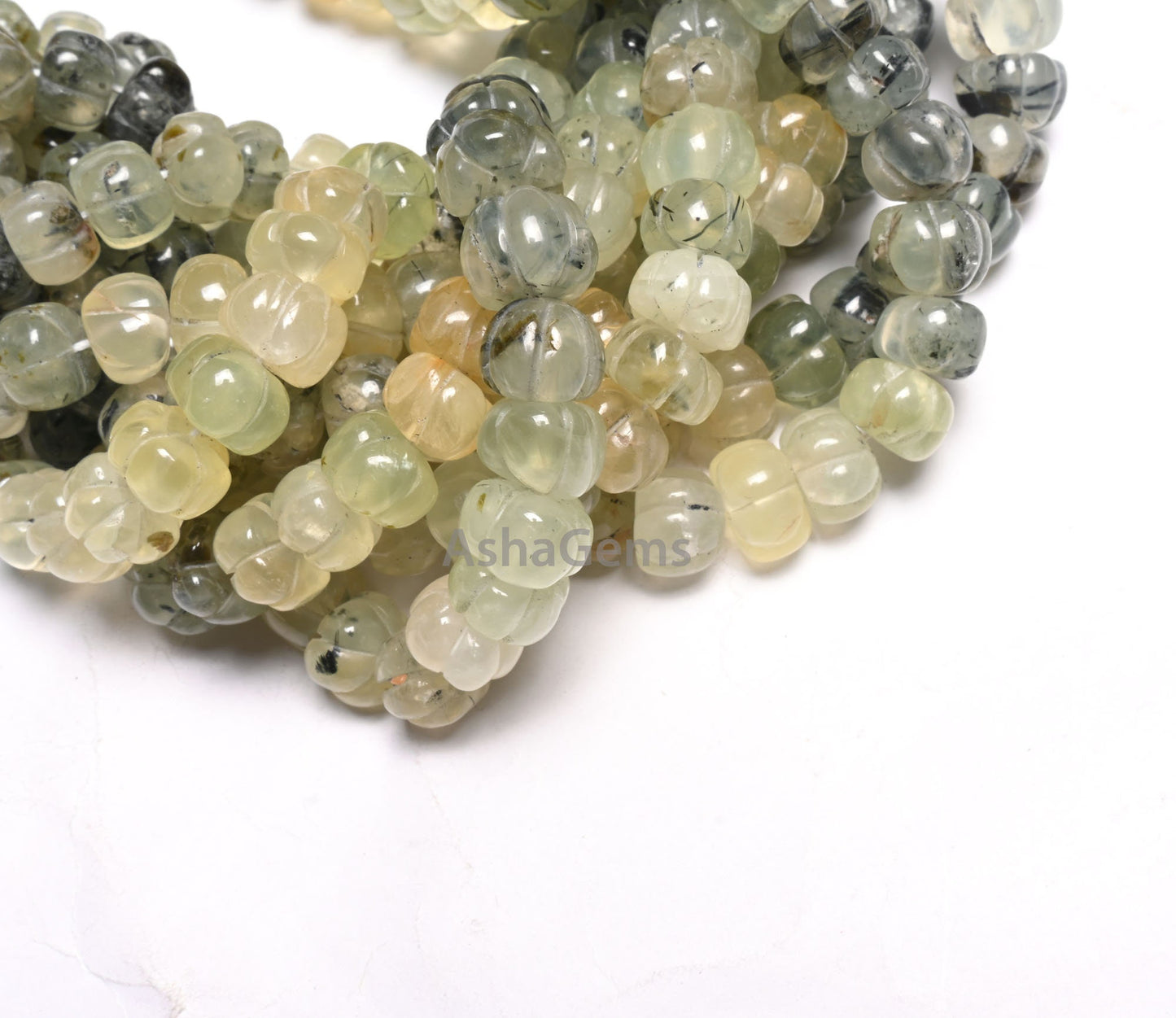Shaded Moss Green Prehnite Carving Watermelon Beads, natural Moss Prehnite handmade Uneven Carve Pumpkin Gemstone Melon Beads Jewelry Crafts