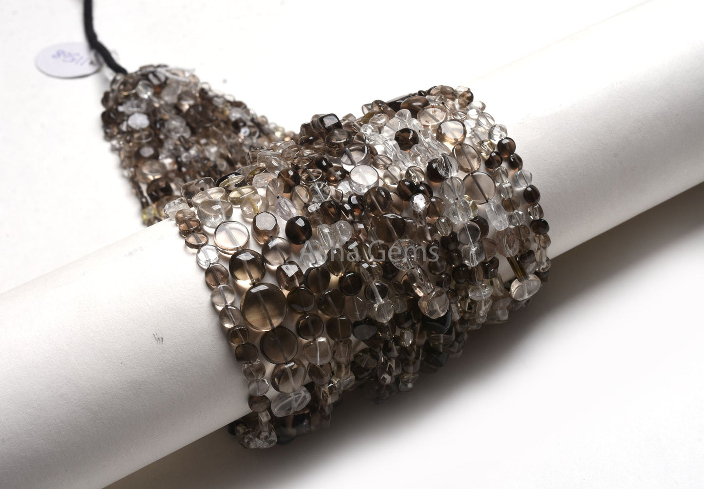 Natural Smoky Quartz Smooth Coin Beads,12" Strand Shaded White Black Plain Handmade Uneven Coin Shape Straight Drill Smoky Bead Jewelry SALE