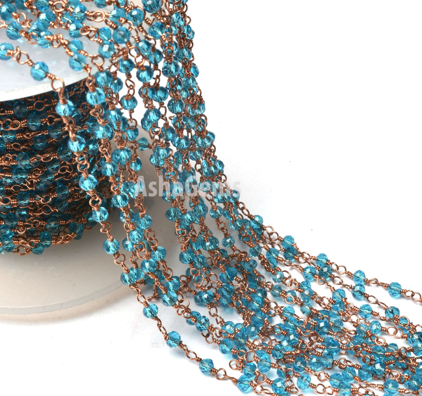 3,10,50 Feet Blue Topaz Hydro Faceted Rondelle Beads Rosary Chain Rose Gold Plated Copper Wire Wrapped Jewelry Making Chain Rosary Necklace