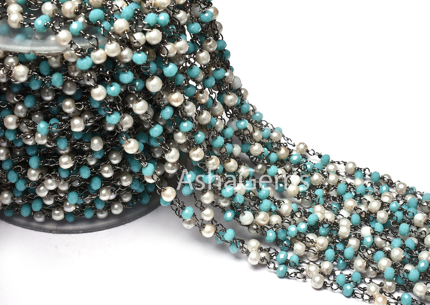 Rosary Chain Pearl, Blue Turquoise Hydro Rondelle Beads Rosary Chain Multi Color Black Plated Gunmetal Wire Wrap Beaded Chain Jewelry Crafts