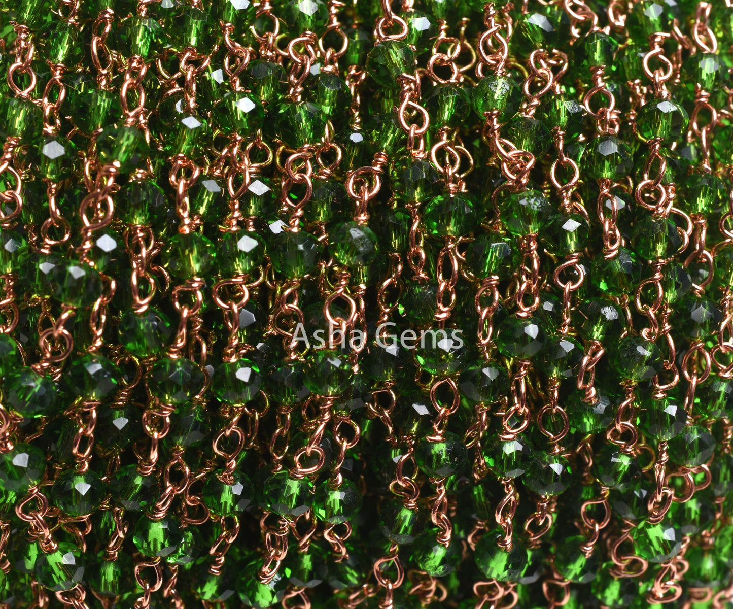 Rosary Chain, Green Chrome Diopside Hydro Faceted Beads Chain Rose Gold Plated Copper wire wrap rondelle Micro cut Beads Handmade Chain SALE
