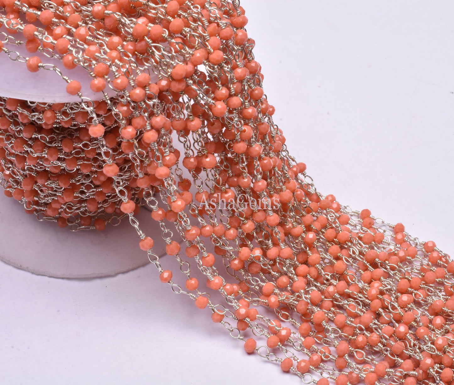 Beautiful Orange Coral Hydro Faceted Rondelle Beads Rosary Chain Silver Plated Wire Wrap Jewelry Making Chain,3-3.5mm Beaded Handmade Chains