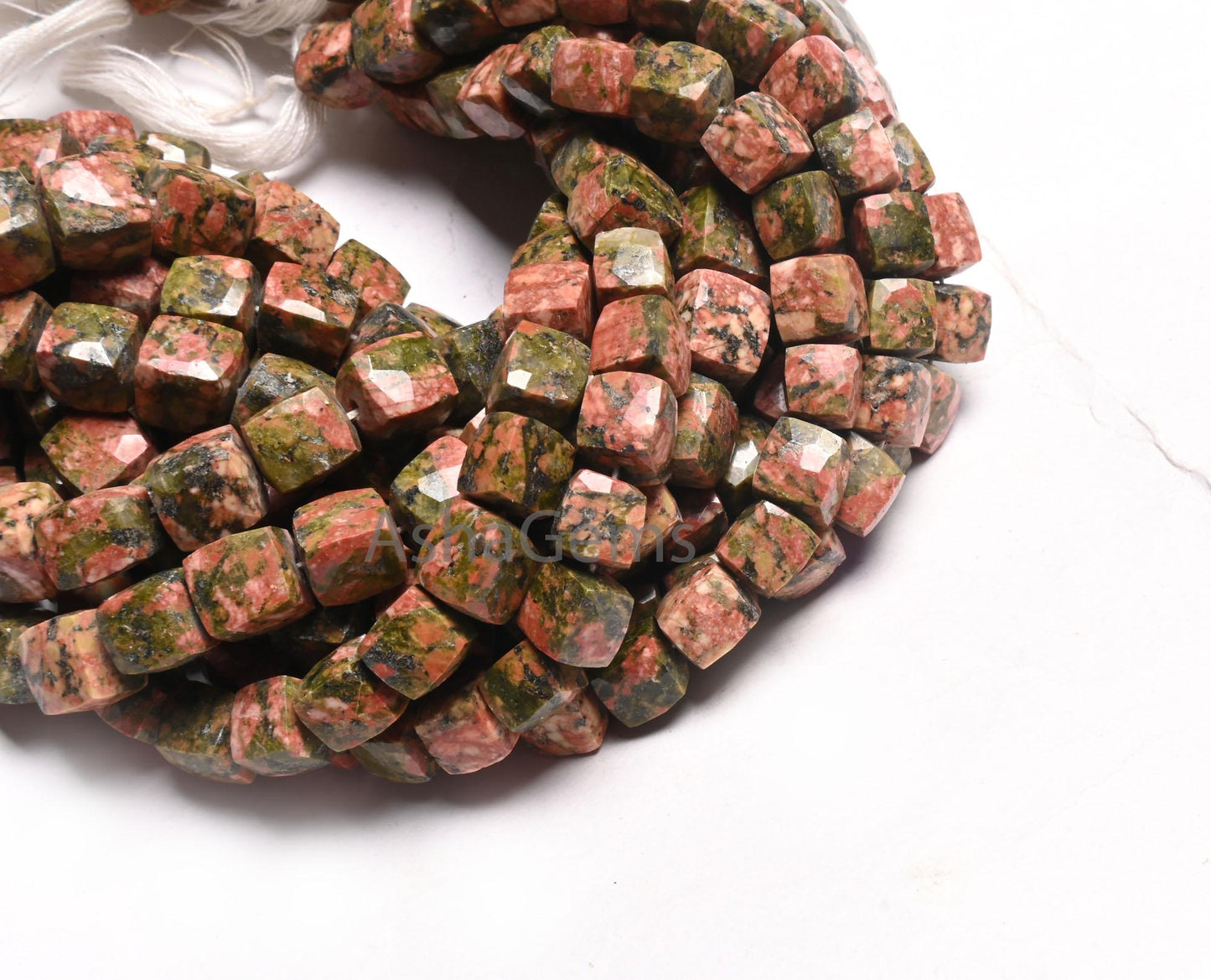 Fine Unakite Faceted 3D Cube Box Gemstone Loose Beads,8" Natural Shaded Green Pink Unakite Indian Cut Box epidote Beads Jewelry Making Craft
