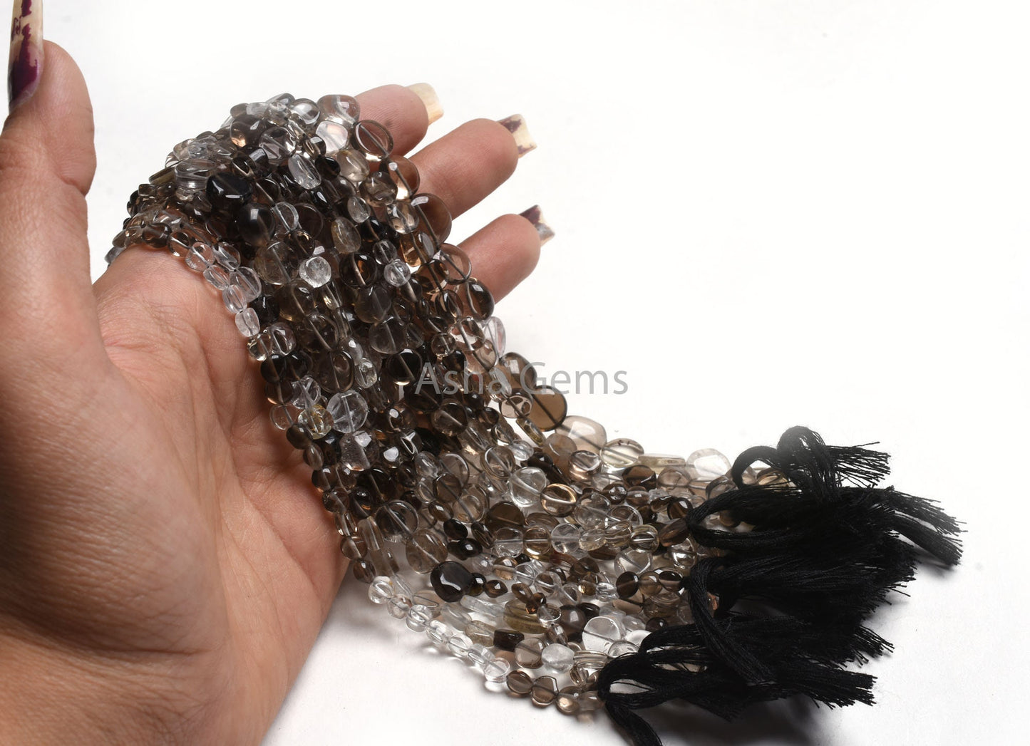 Natural Smoky Quartz Smooth Coin Beads,12" Strand Shaded White Black Plain Handmade Uneven Coin Shape Straight Drill Smoky Bead Jewelry SALE